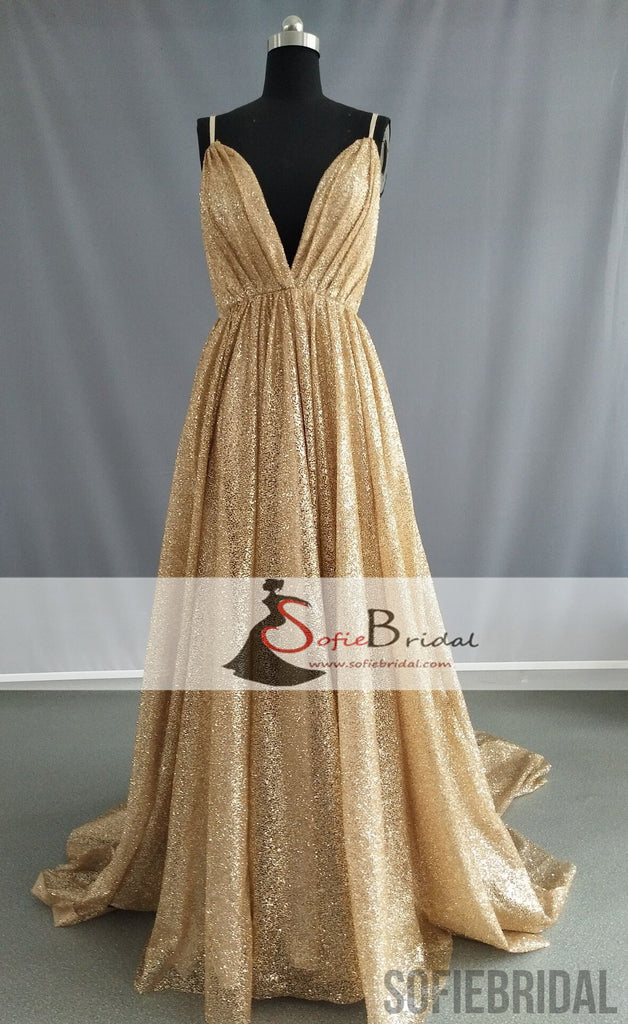 Spaghetti Deep V-neck A-line Sequin Tulle Prom Dresses, Gorgeous Sparkle Prom Dresses, PD0455
