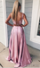 2 Pieces Pink Lace Satin Side Slit Long Prom Dresses, PD0840