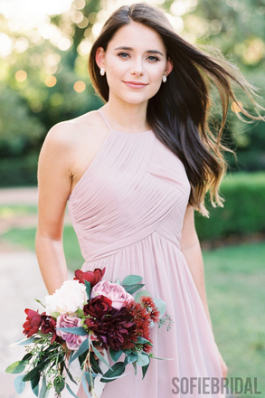 Halter A-Line Floor-length Chiffon Bridesmaid Dresses With Pleats, BD1017