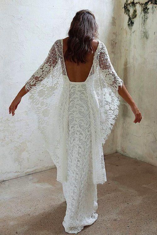 Sheath Half Sleeves Full Lace Backless Wedding Dresses With Split, WD0313