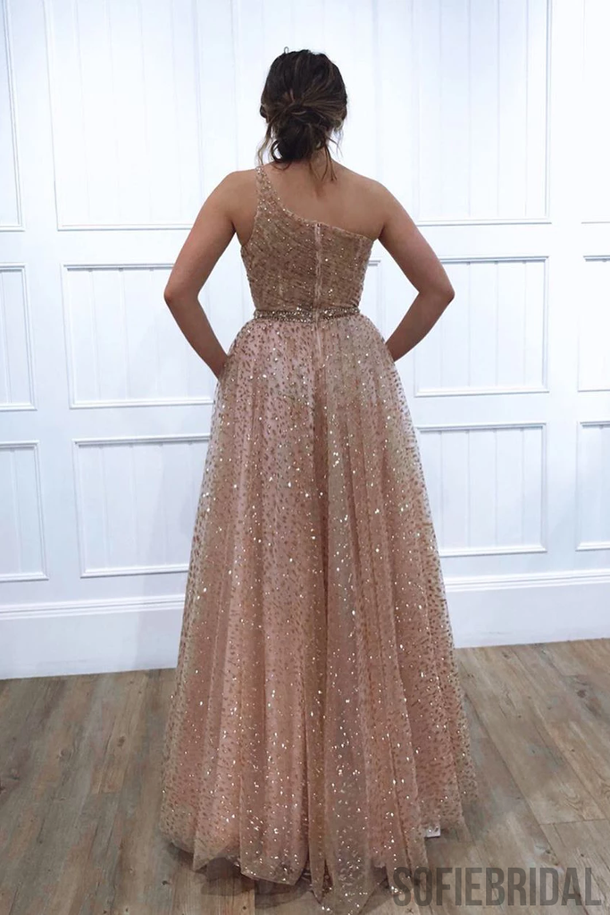 Sparkly A-line Floor-length One-shoulder Long Beading Prom Dresses, PD0109