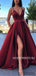 Spaghetti Straps V-neck Long Burgundy Prom Dresses With Split, PD0114