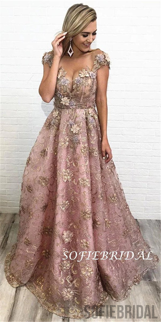 A-line Floor-length Cap Sleeves Appliques And Beading Long Prom Dresses, PD0123