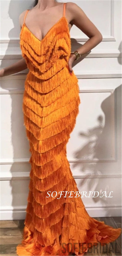 Sheath V-neck Spaghetti Straps Tassel Long Cheap Prom Dresses, PD0126