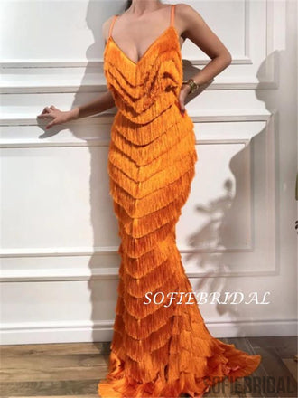 Sheath V-neck Spaghetti Straps Tassel Long Cheap Prom Dresses, PD0126