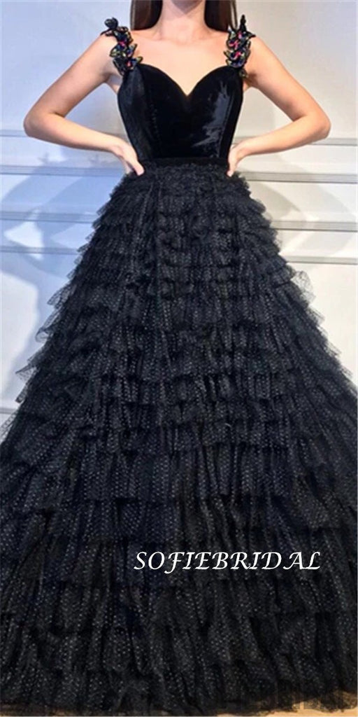A-line V-neck Appliques Strpas Long Black Tulle Prom Dresses, PD0130