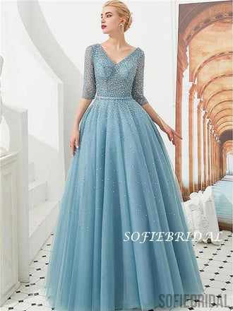 A-line Floor-length V-neck Half Sleeves Sequins Lace-up Back Prom Dresses, PD1010