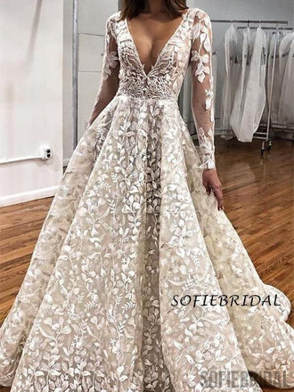 A-line Deep V-neck Long Sleeves Full Lace Long Wedding Dresses, PD1013