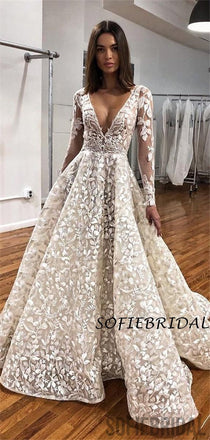 A-line Deep V-neck Long Sleeves Full Lace Long Wedding Dresses, PD1013