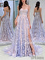 A-line Strapless Newest Lace Appliques Prom Dresses With Split, PD1016