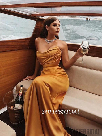 Sheath Strapless Long Simple Prom Dresses With Pleats, PD1017