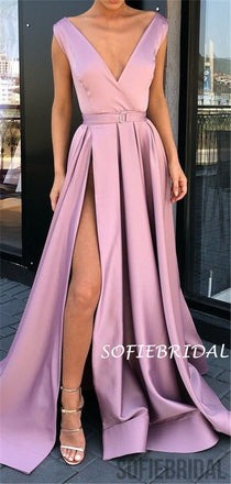 A-line Deep V-neck Long Satin Prom Dresses With Split, PD1025