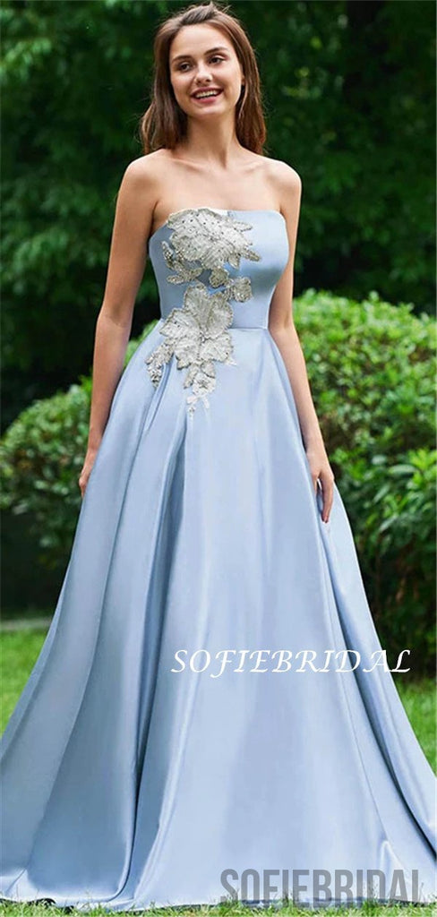 Strapless A-line Elegant Long Lace Appliques Prom Dresses, PD1028