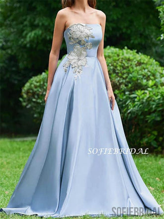 Strapless A-line Elegant Long Lace Appliques Prom Dresses, PD1028