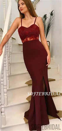 Mermaid Spaghetti Straps Lace Top Long Burgundy Prom Dresses, PD1030