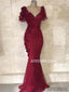 Mermaid V-neck Short Sleeves Beading And Appliques Burgundy Prom Dress, PD1033