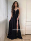 A-line Spaghetti Straps Deep V-neck Black Prom Dress With Split, PD1034