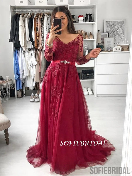 A-line V-neck Long Sleeves Lace Long Burgundy Tulle Prom Dress, PD1035 –  SofieBridal