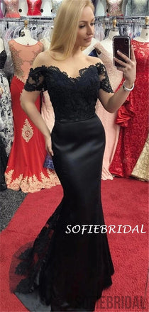 Mermaid Off-shoulder Short Sleeves Lace Top Black Prom Dress, PD1036