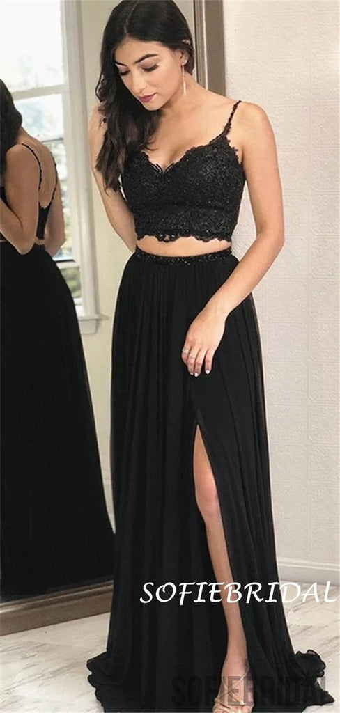 Two-pieces Spaghetti Straps Lace Top Black Prom Dresses With Split, PD1039