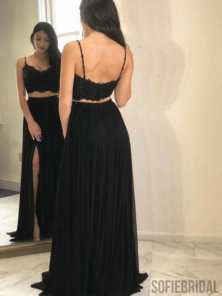 Two-pieces Spaghetti Straps Lace Top Black Prom Dresses With Split, PD1039