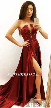 A-line Strapless Deep V-neck Appliques Long Satin Prom Dresses, PD1045