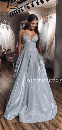 Shiny A-line Spaghetti Straps V-neck Silver Satin Prom Dresses, PD1046