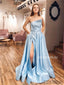 A-line Strapless Split Long Light Blue Prom Dresses With Pockets, PD1047