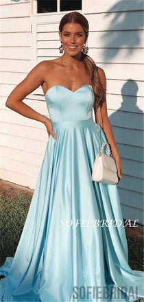 Strapless A-line Sweetheart Sky Blue Simple Satin Prom Dresses, PD1051