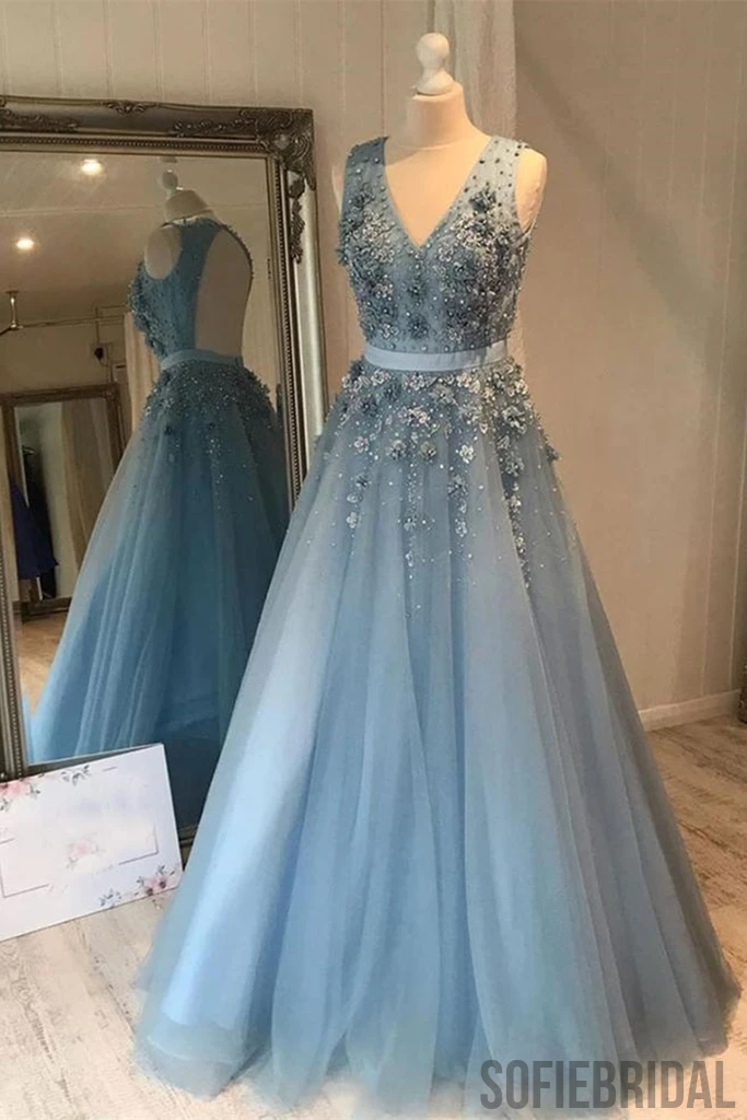 A-line V-neck Sleeveless Appliques Open-back Long Tulle Prom Dresses, PD1054