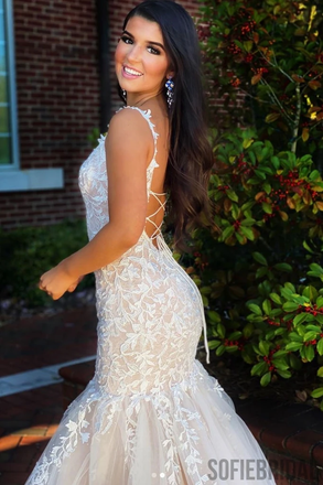 Mermaid Straps Appliques Lace-up Back Long Tulle Prom Dresses, PD1055