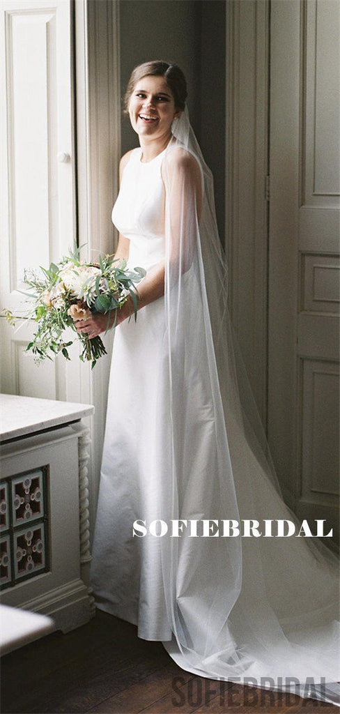A-line Round Neck Sleeveless Simple Long Wedding Dresses With Train, WD0486