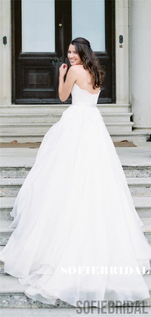 A-line Sweetheart Strapless Appliques Wedding Dresses With Train, WD0487