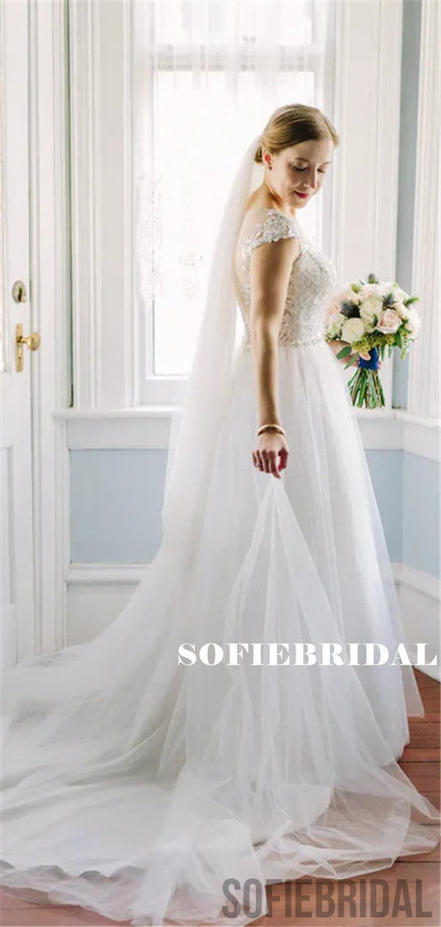 A-line Round Neck Cap Sleeves Lace Appliques Long Wedding Dresses, WD0490