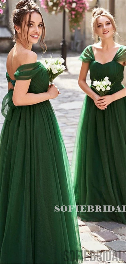 A-line Off-shoulder Long Simple Green Tulle Bridesmaid Dresses, BD1093