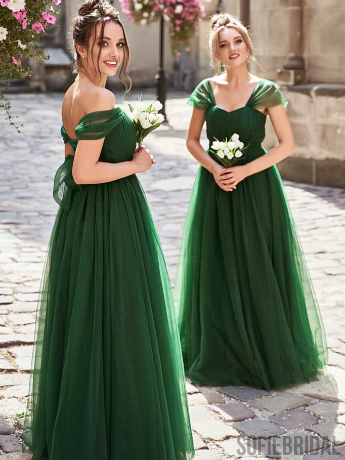 A-line Off-shoulder Long Simple Green Tulle Bridesmaid Dresses, BD1093