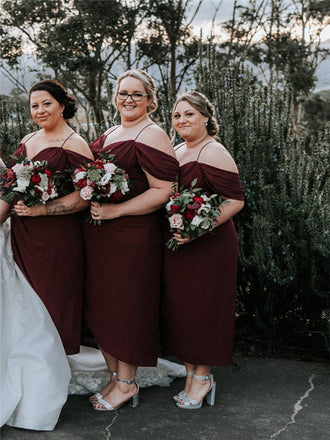 Sheath Off-shoulder Straps Ankle-length Burgundy Bridesmaid Dresses, BD1118
