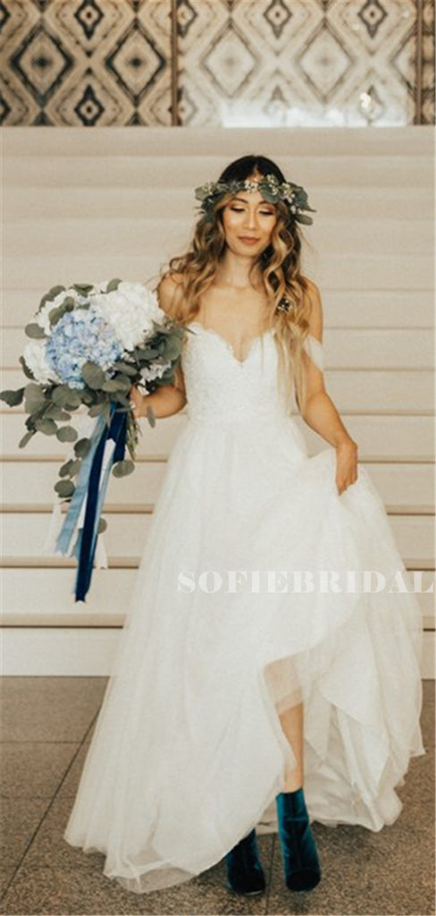 A-line Off-shoulder Lace Top Long Tulle Wedding Dresses, WD0504