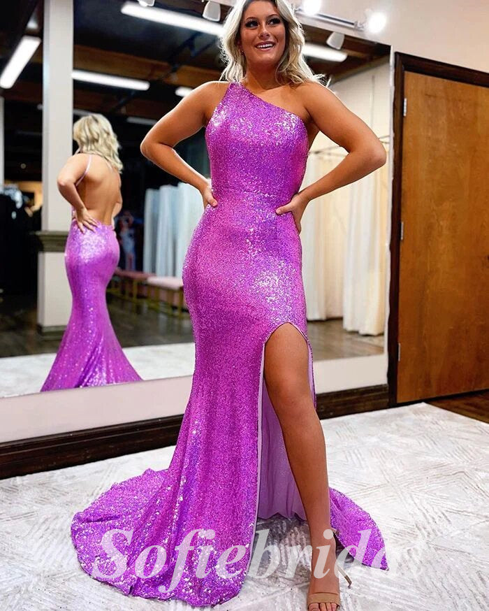 Sexy Sequin One Shoulder Sleeveless Side Slit Mermaid Long Prom Dresses,PD0801