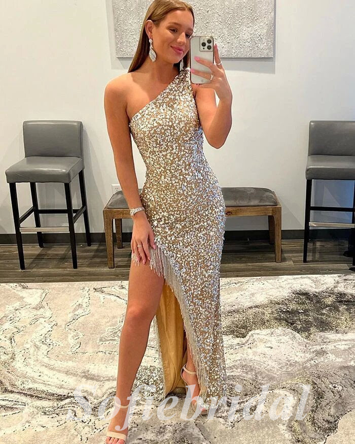 Sexy Sequin One Shoulder Sleeveless Side Slit Mermaid Long Prom Dresses,PD0800