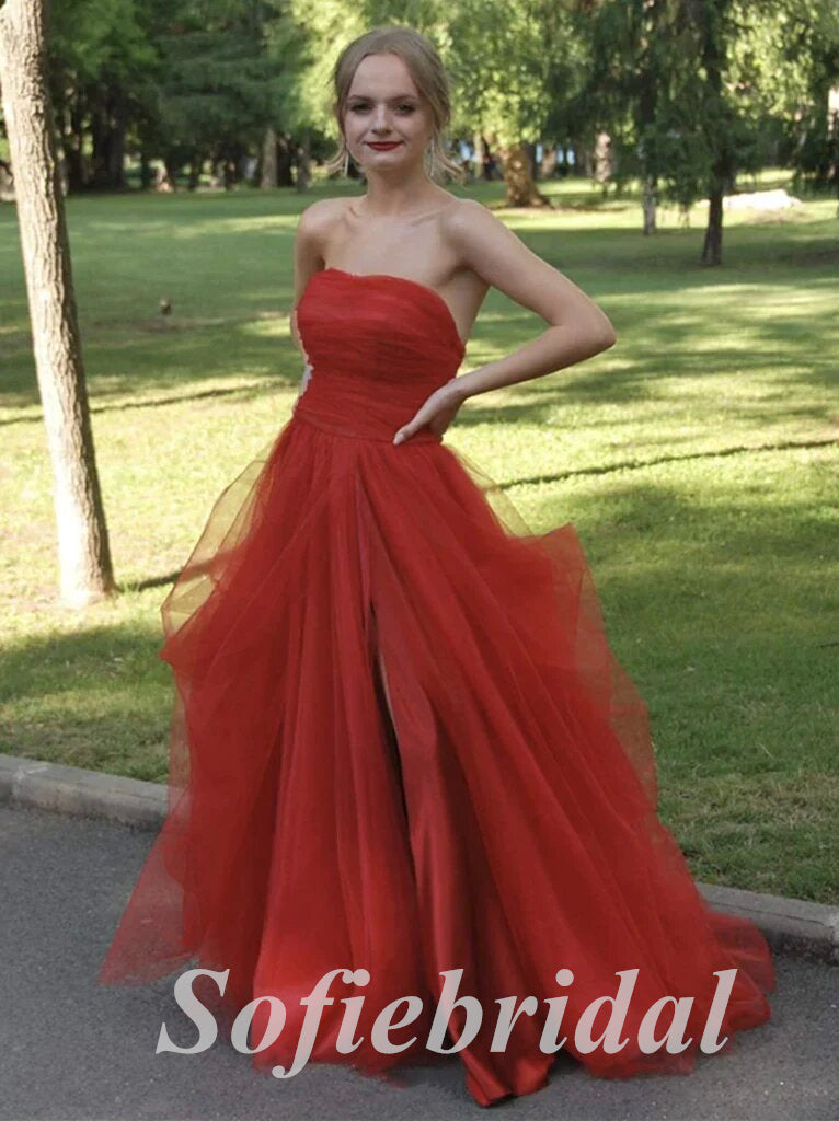 Sexy Tulle And Satin Sweetheart Sleeveless Side Slit A-Line Long Prom Dresses,PD0797