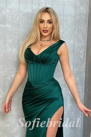 Sexy Satin Spaghetti Straps V-Neeck Sleeveless Side Slit Mermaid Long Prom Dresses,PD0803