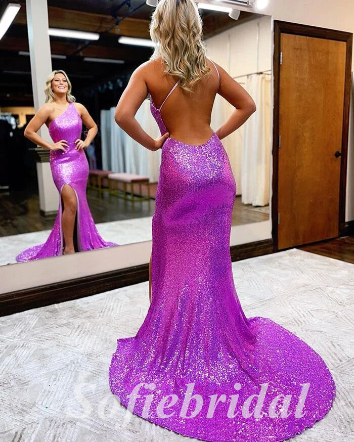 Sexy Sequin One Shoulder Sleeveless Side Slit Mermaid Long Prom Dresses,PD0801