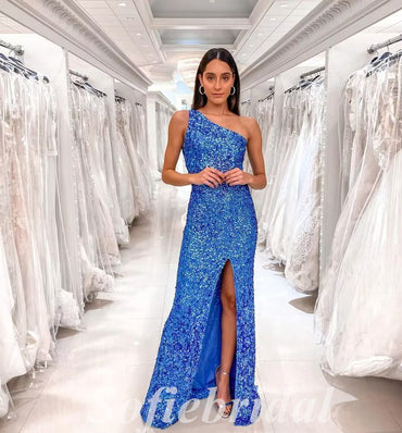 Sexy Sequin One Shoulder Side Slit Mermaid Long Prom Dresses,PD0761