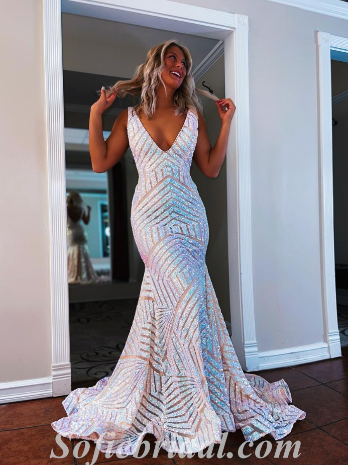 Sexy Shiny Sequin Spaghetti Straps V-Neck Sleeveless Mermaid Long Prom Dresses,SFPD0463