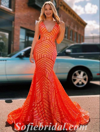 Sexy Shiny Sequin Spaghetti Straps V-Neck Sleeveless Mermaid Long Prom Dresses,SFPD0462