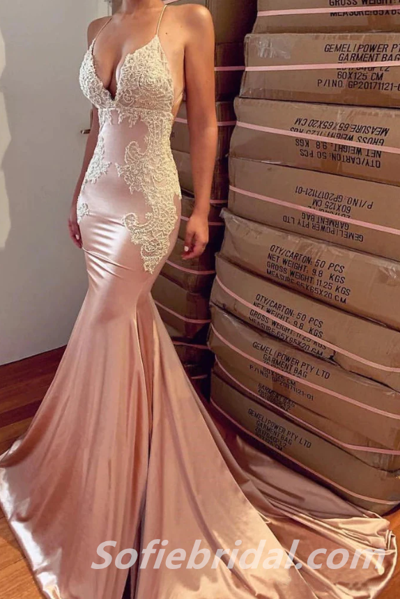 Sexy Spaghetti Straps V-Neck Mermaid Long Prom Dresses With Applique,SFPD0228