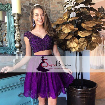 2 Pieces Beaded Lace Homecoming Dresses, Lovely Short Prom Dresses, Homecoming Dresses, SF0095