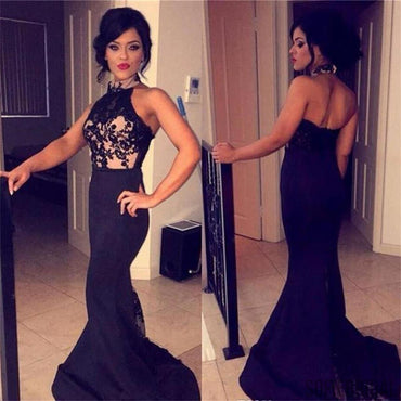 High Neck Black Lace Halter Long Mermaid Popular Prom Dresses, PD0273