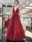 A-line Floor-length Sleeveless Deep V-neck Red Prom Dresses, PD0054
